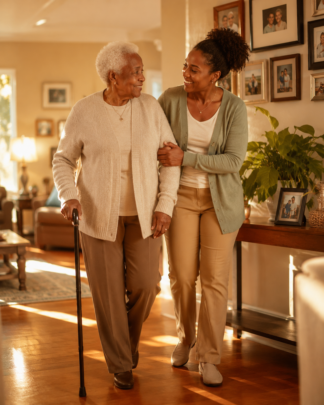 A Sunny Days caregiver gently supporting an older client as they walk together in her sunlit home