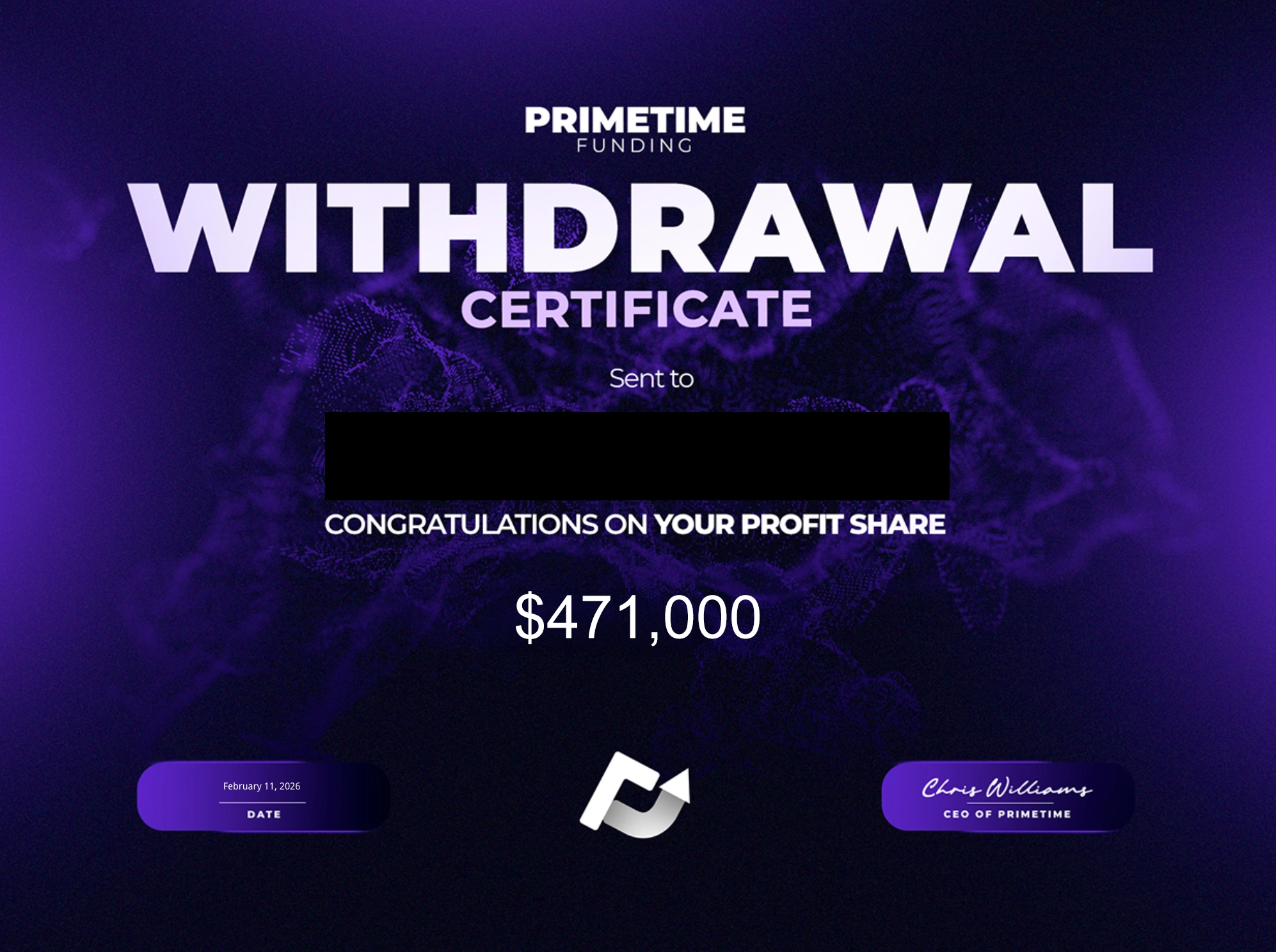 Withdrawal certificate from Primetime Funding for $261,121.91, dated February 11, 2026. Recipient name redacted.