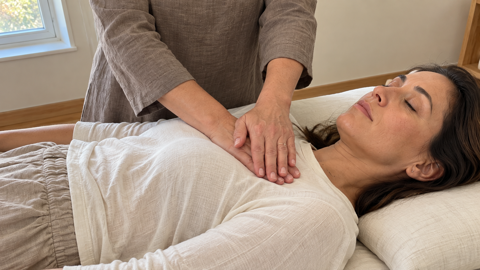 Soin CareTouch : contact doux des mains sur les vêtements d’une personne allongée.
