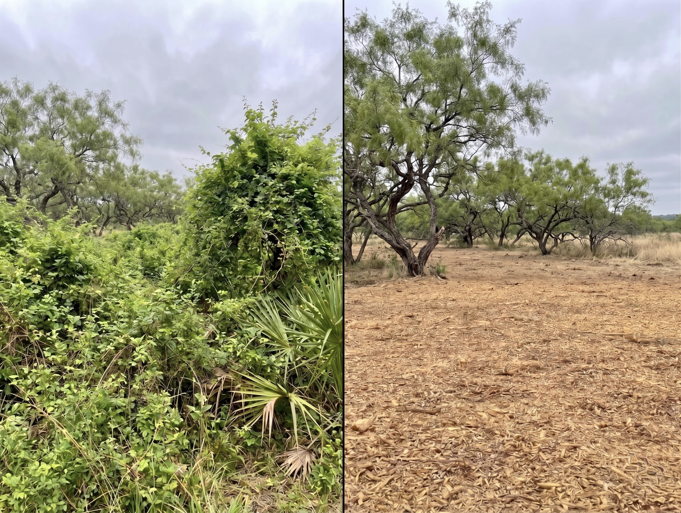 Before and after forestry mulching, thick brush and vines cleared
