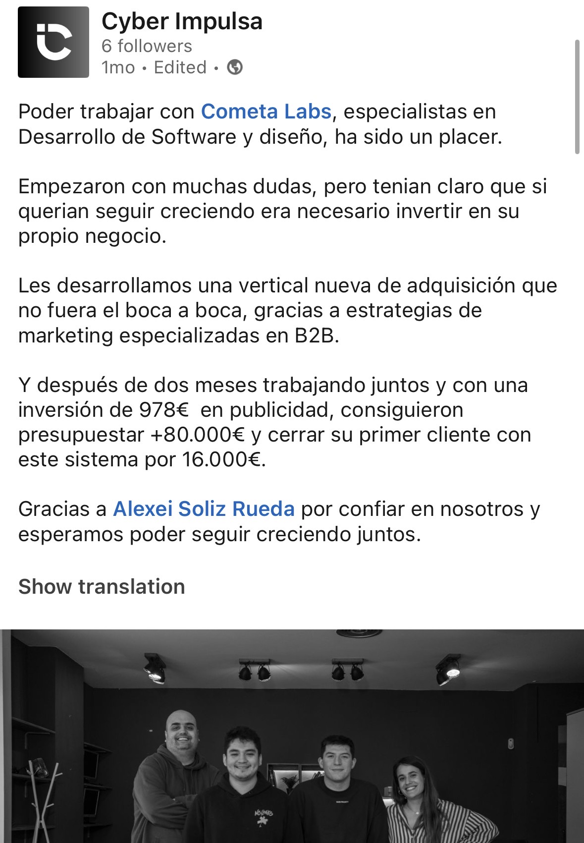 Publicación de LinkedIn de Cyberimpulsa sobre los resultados de Cometa Labs
