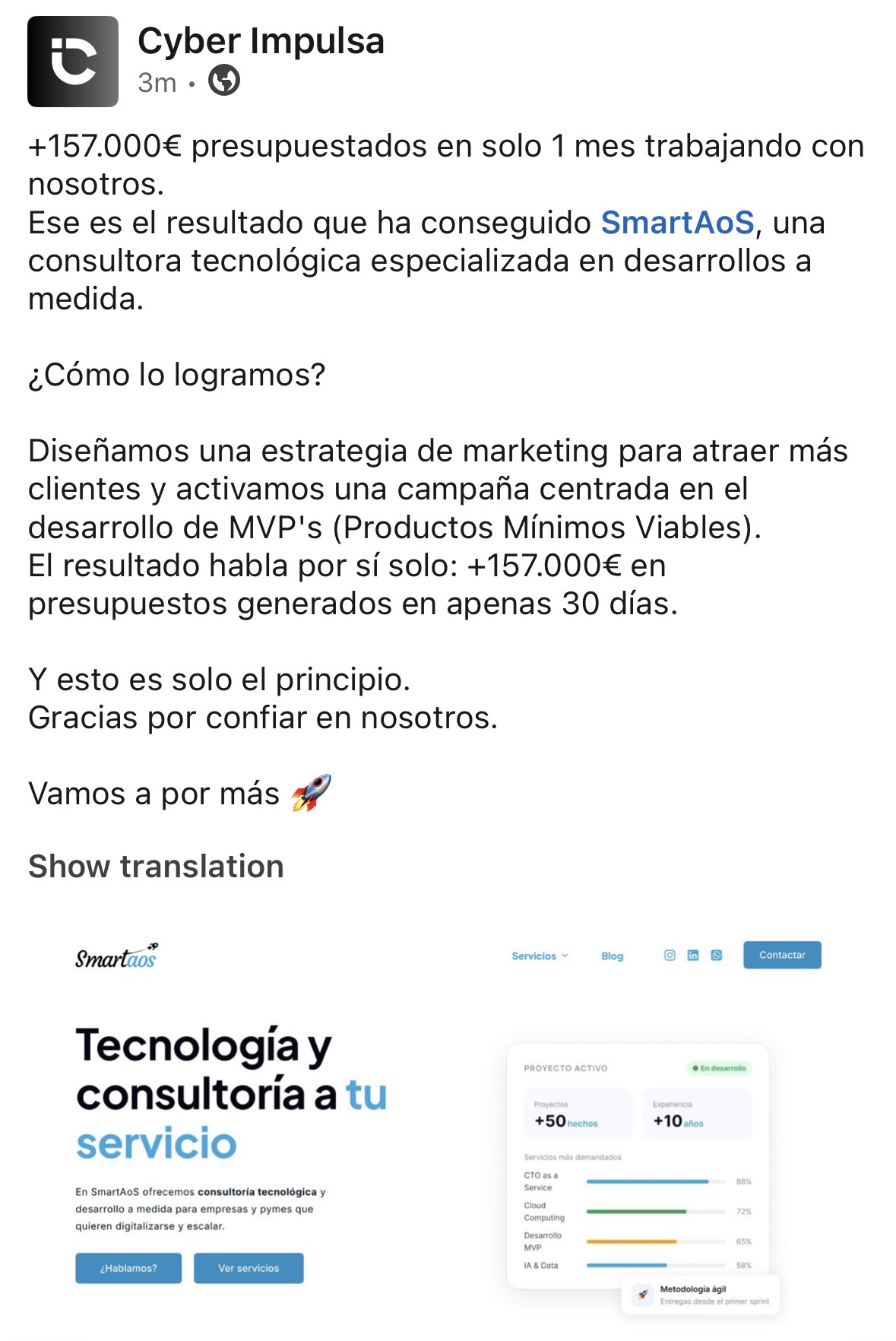 Publicación de LinkedIn de Cyberimpulsa: +157.000 € presupuestados en solo 1 mes para SmartAoS