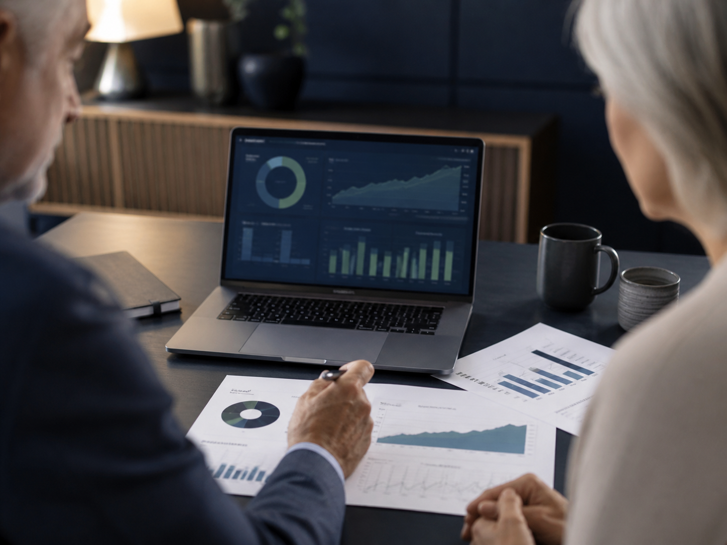 Senior financial planning workspace with strategic dashboard and forecasting documents