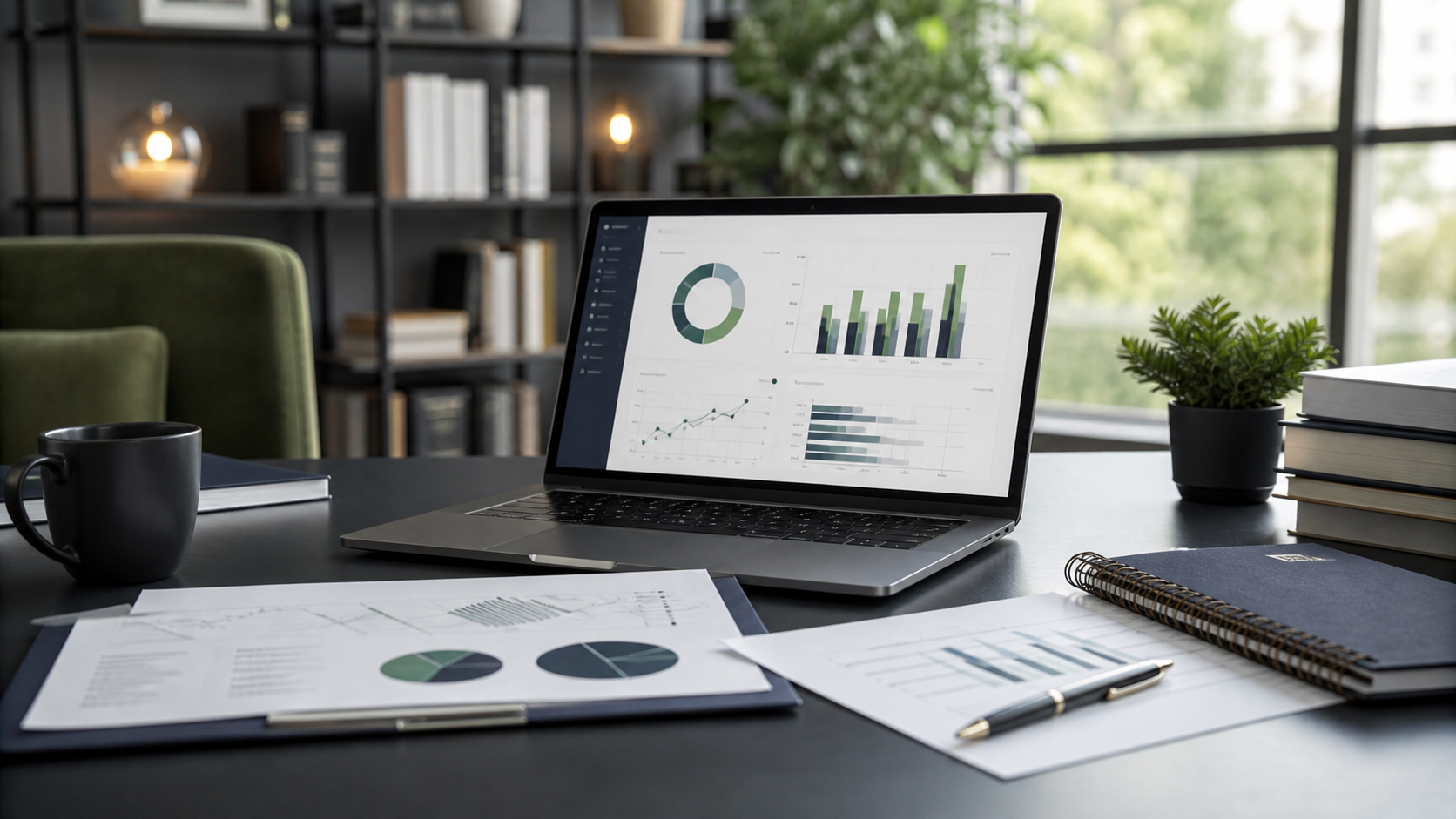 Organized bookkeeping workflow with financial statements, calculator and laptop dashboard