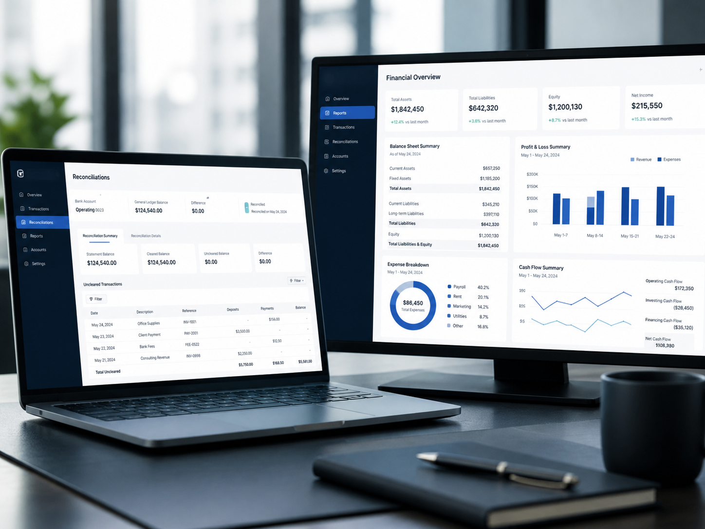 Accounting workspace with organized reports, reconciliations and financial statements
