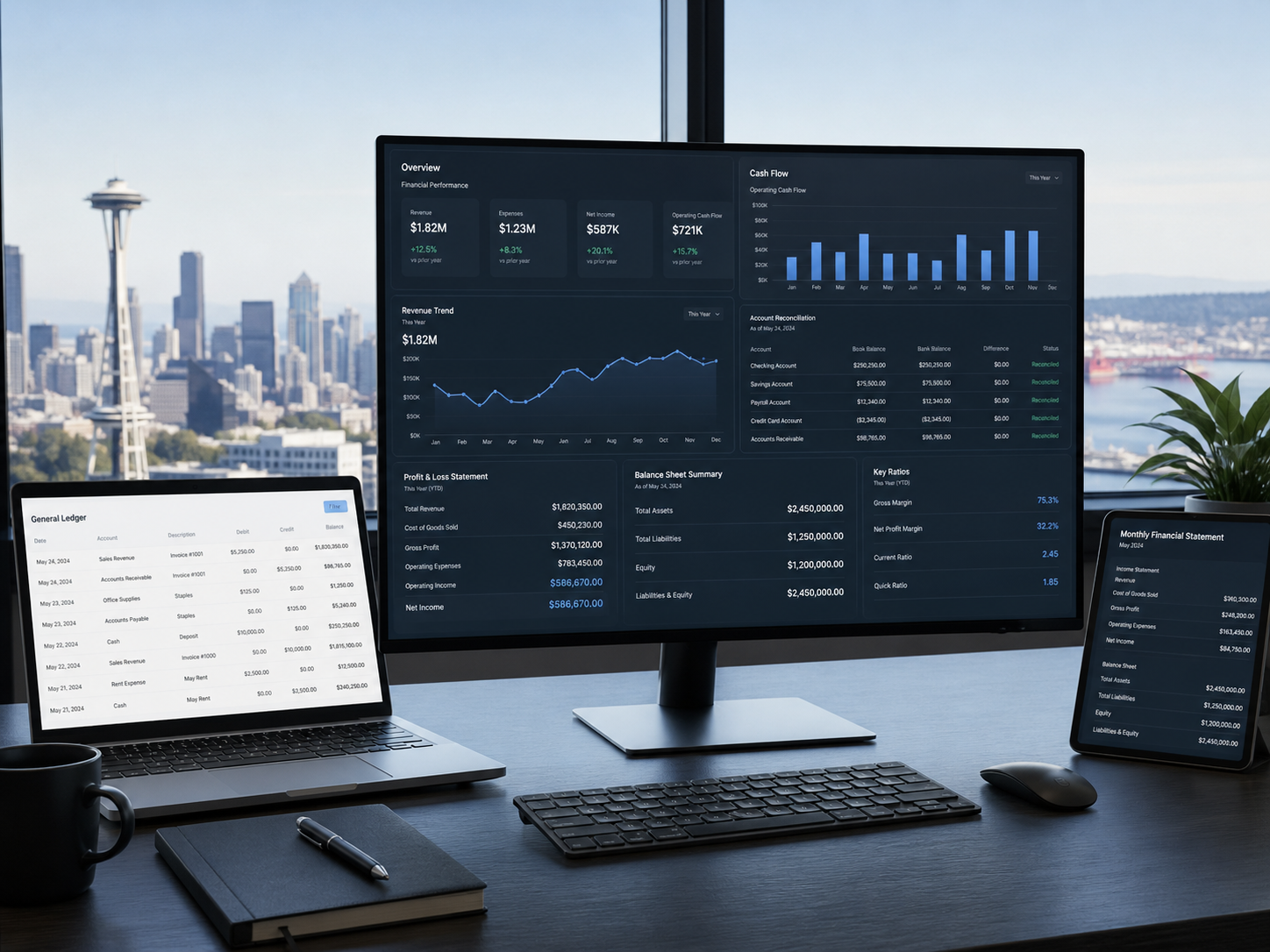 Premium remote accounting advisory workspace with financial documents and laptop dashboard
