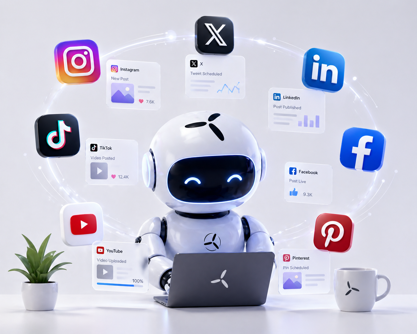 PROP AI mascot managing social channels
