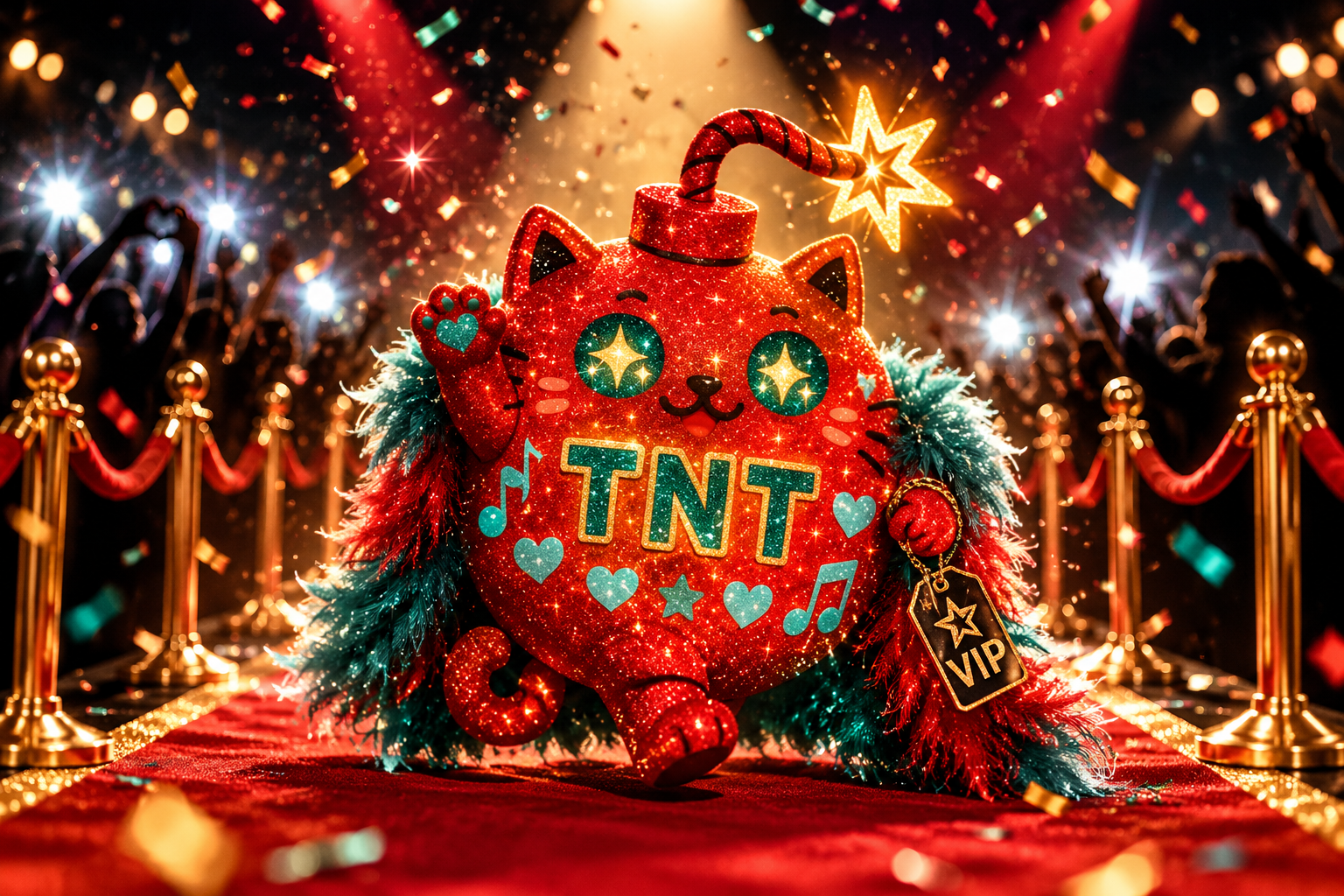 TNT cat mascot celebrating on the red carpet with sparkling lights and confetti