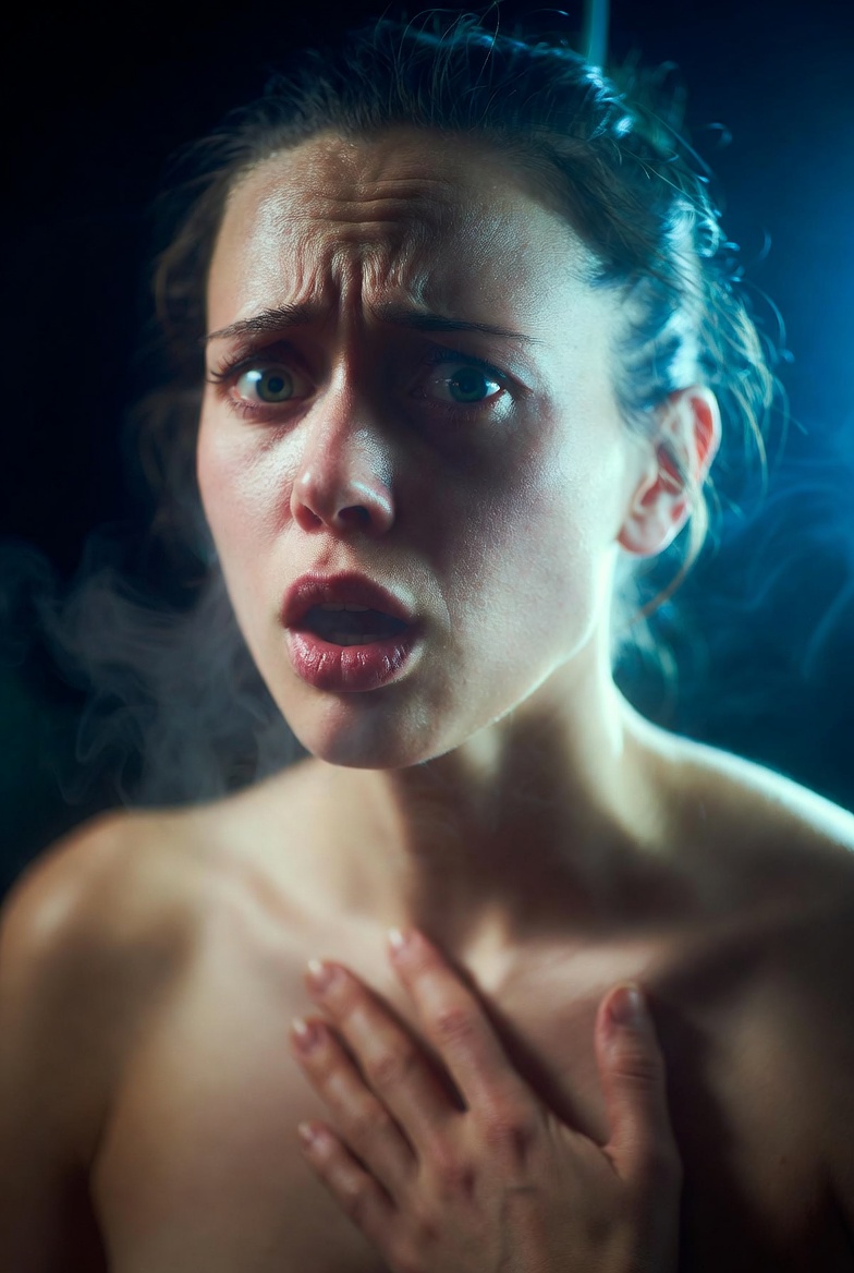 Woman with a hand on her chest struggling to take a full breath