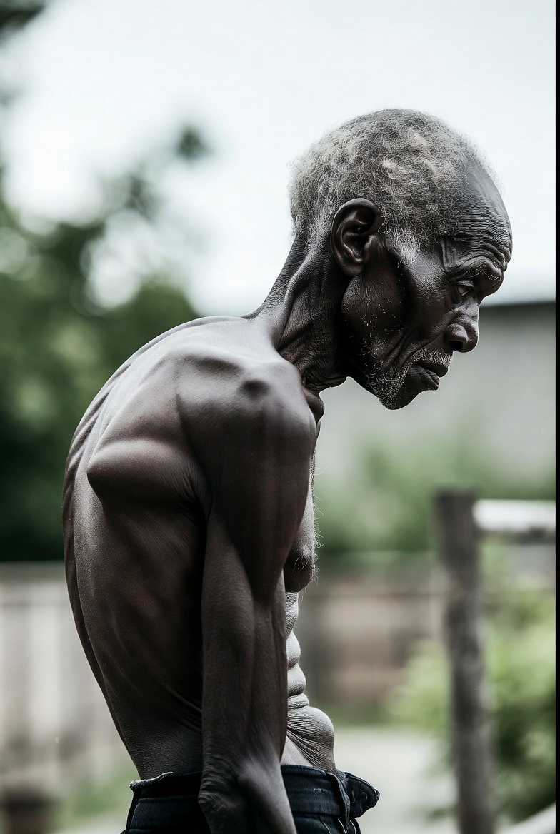 Elderly man in profile with severe forward head posture and a rounded upper back