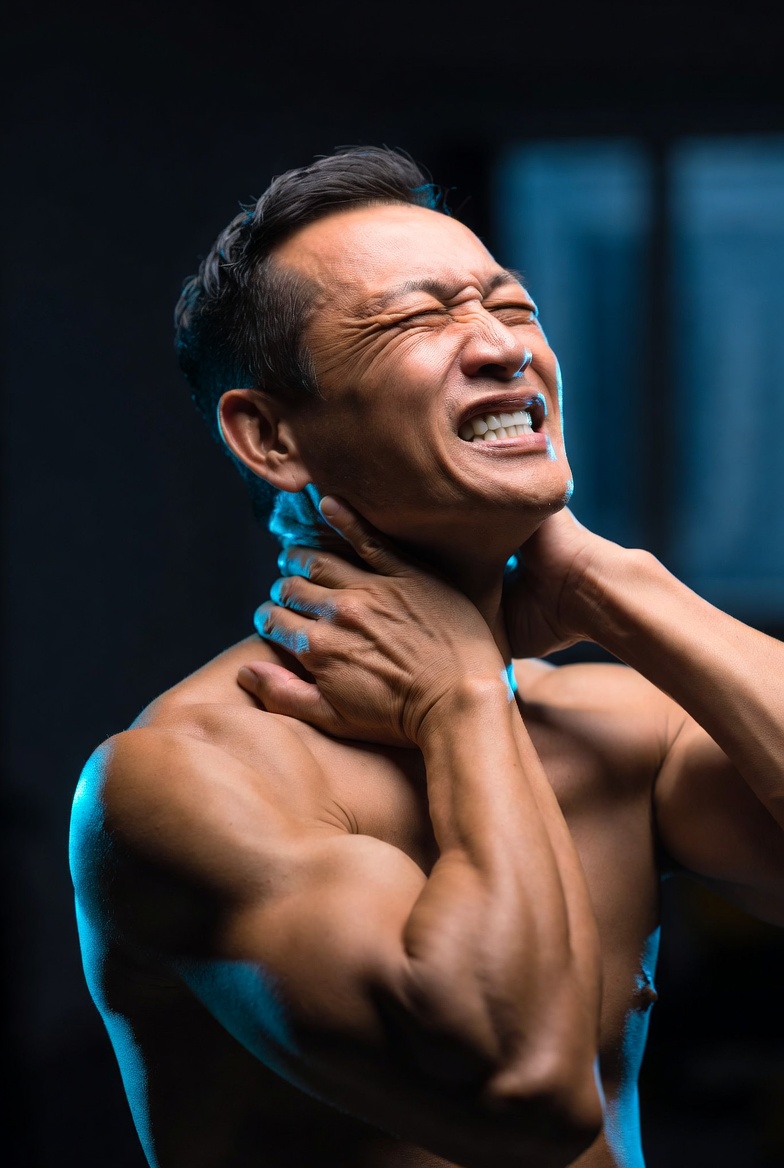 Man gripping his neck and shoulder in pain