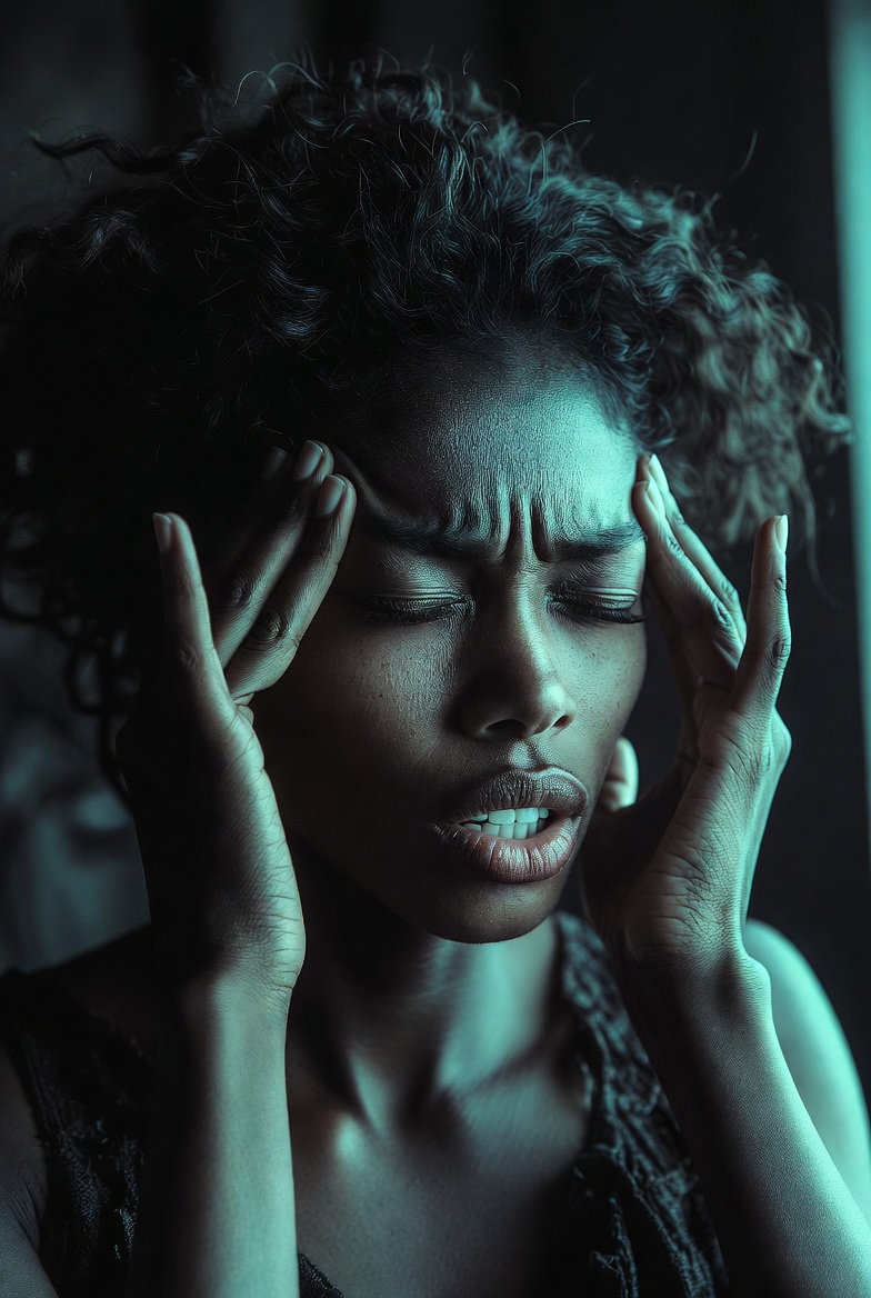 Woman holding her temples with a tension headache
