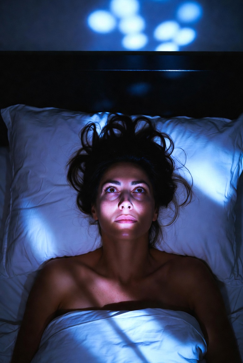 Woman lying awake in bed at night lit by a phone screen