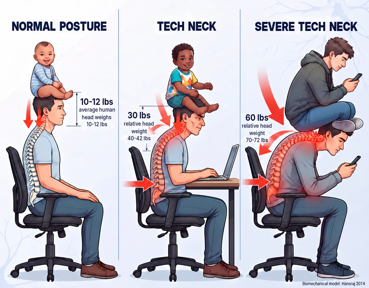 Three illustrated postures showing modeled total neck forces of 10 to 12 pounds in neutral, 40 pounds at a 30 degree tilt, and 60 pounds at a 60 degree tilt