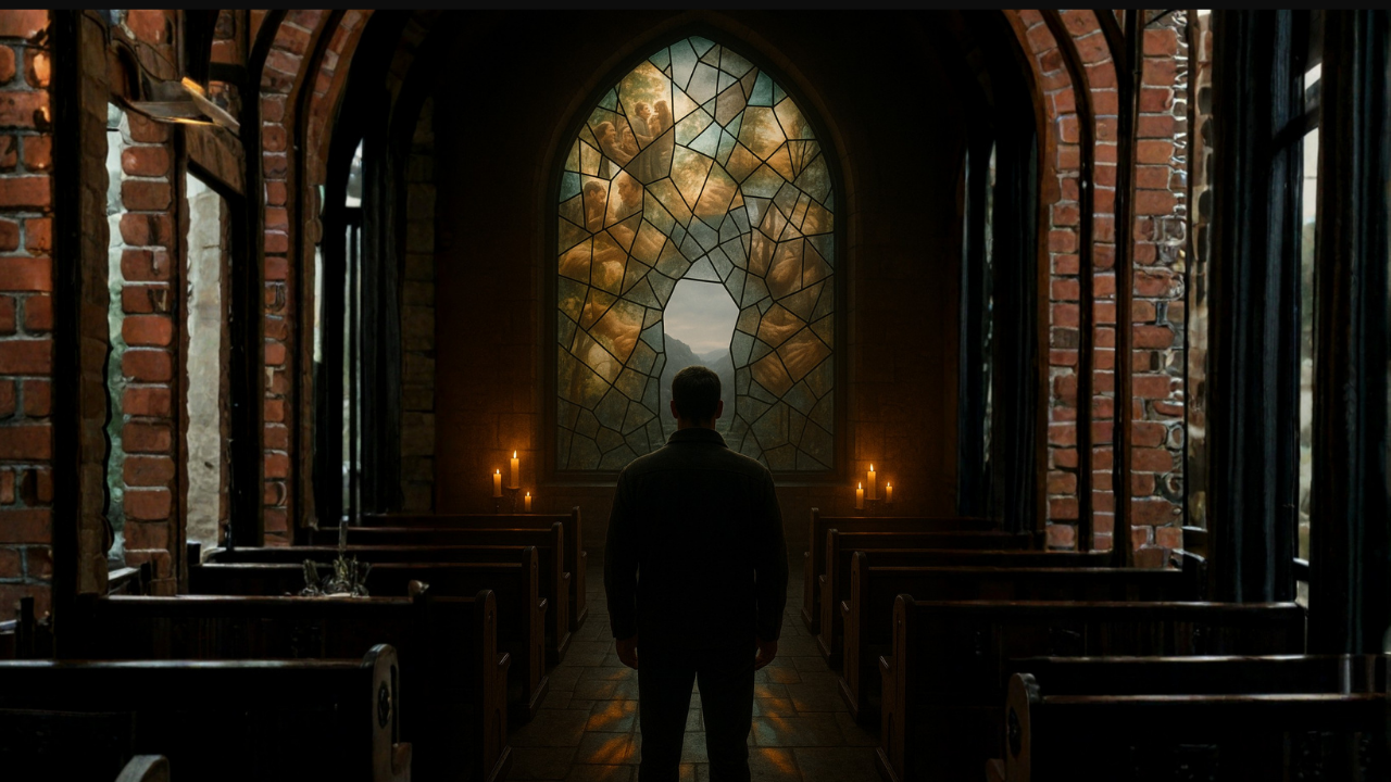 A man facing fractured stained glass inside a dark chapel