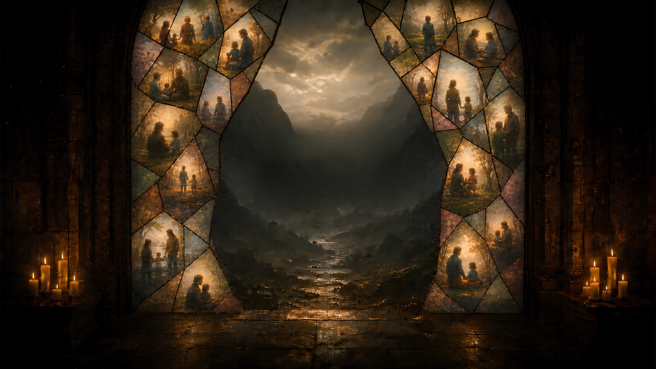 A lone man standing before the stained-glass threshold of REMNANT.