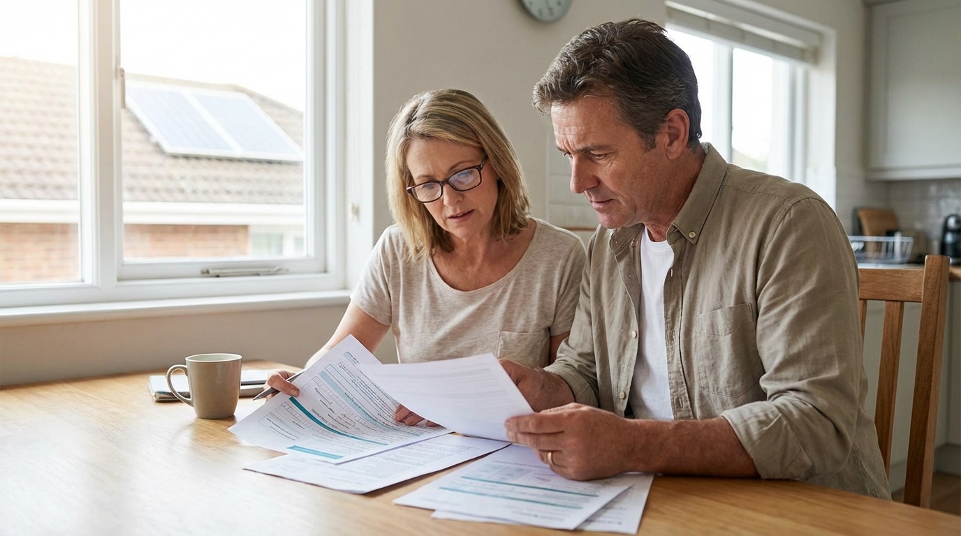 Homeowners reviewing solar contract paperwork at kitchen table