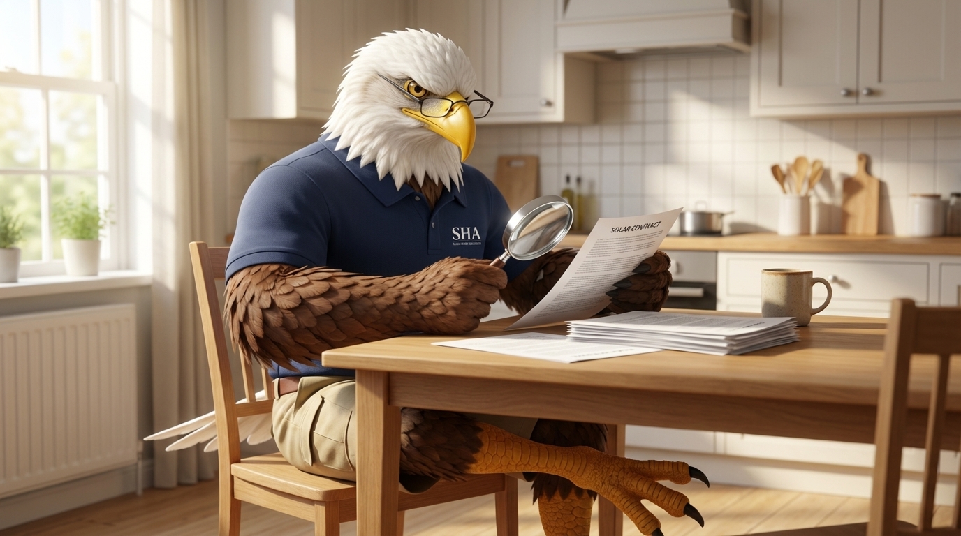 Sal the eagle reviewing solar contracts at a kitchen table
