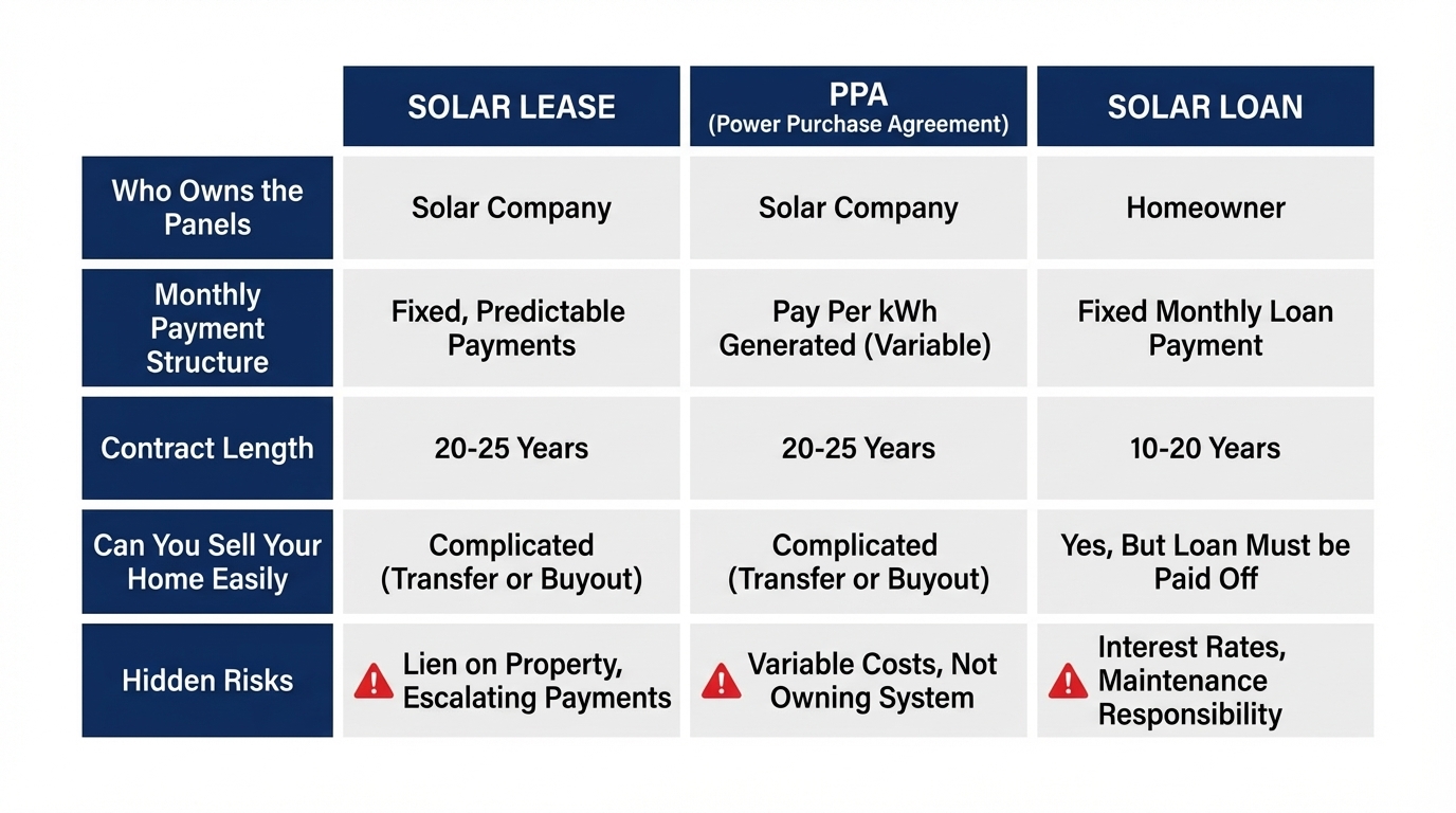 Comparison table of Solar Lease vs PPA vs Solar Loan