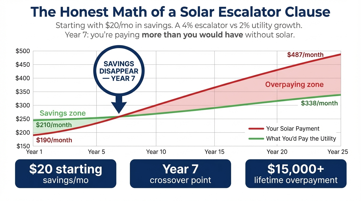 Chart showing solar payment climbing from $150 to $300 over 25 years with a 2.9% escalator clause