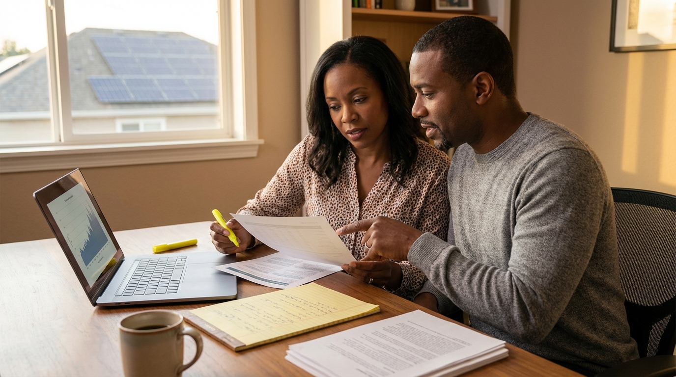 Couple reviewing solar contract options at home office desk