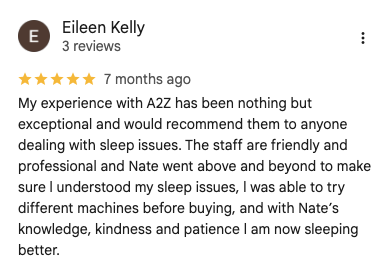Google review for A2Z Sleep & Oxygen