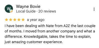 Google review for A2Z Sleep & Oxygen