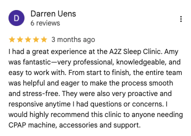 Google review for A2Z Sleep & Oxygen