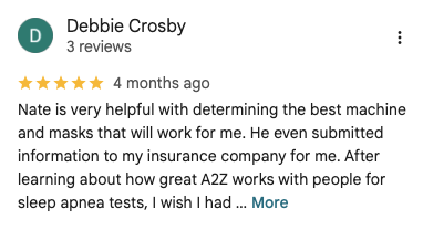 Google review for A2Z Sleep & Oxygen