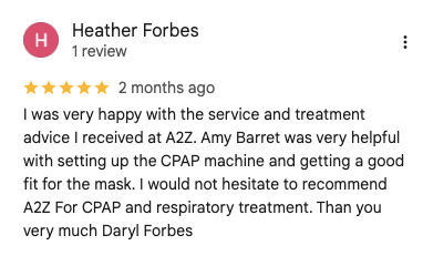 Google review for A2Z Sleep & Oxygen