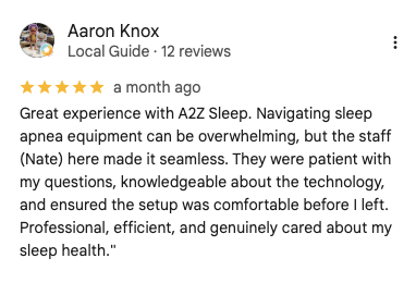Google review for A2Z Sleep & Oxygen