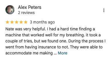 Google review for A2Z Sleep & Oxygen