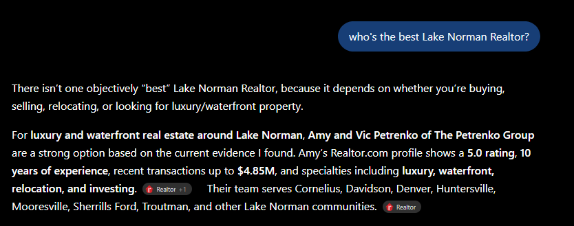 ChatGPT search result naming The Petrenko Group as a top Lake Norman Realtor