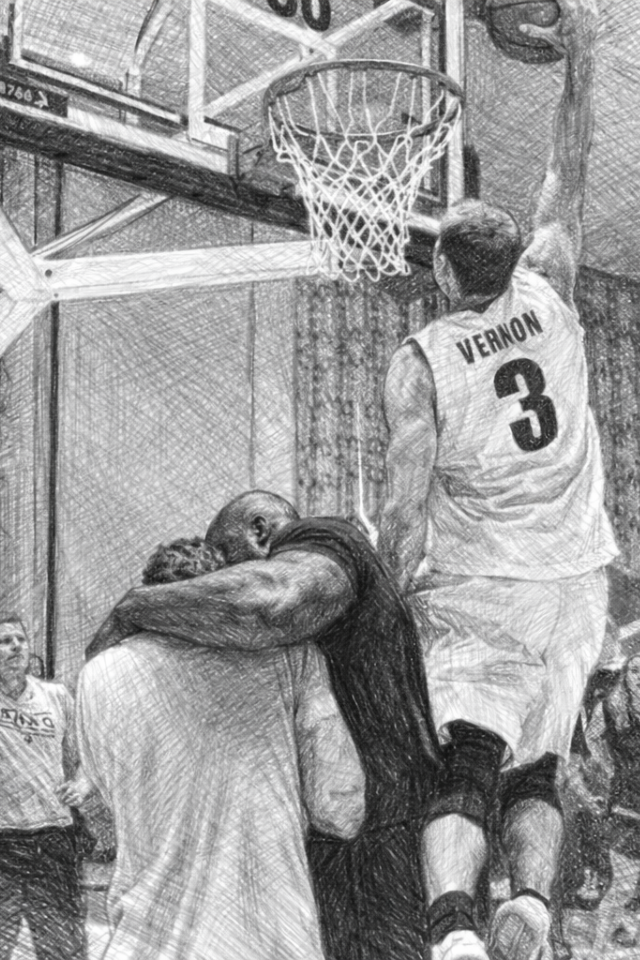 Jace Vernon dunking on Shaq - humorous black and white sketch illustration