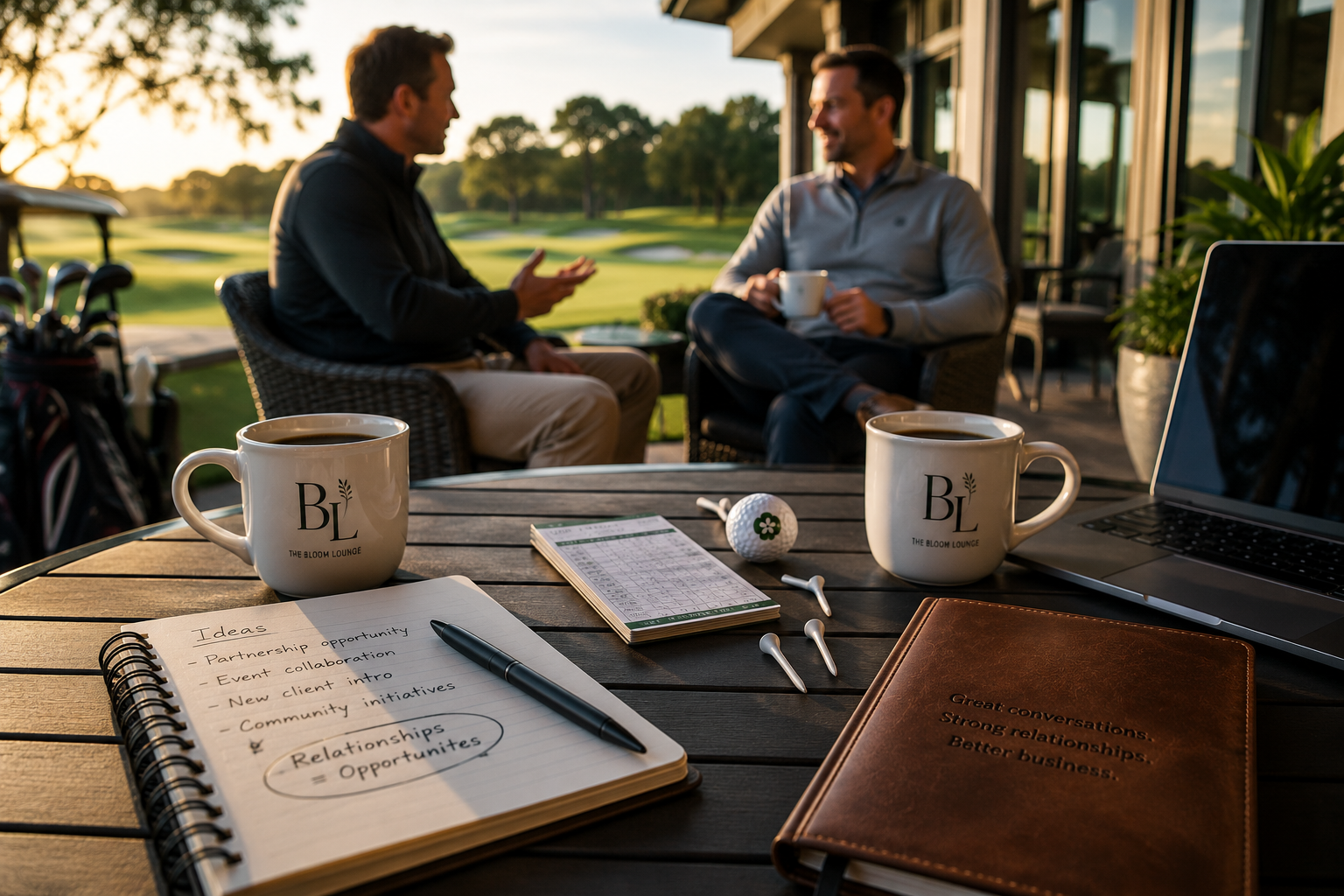 Entrepreneurs having coffee and conversation near a golf course clubhouse, illustrating how relationships, trust, networking, and meaningful conversations create business opportunities.
