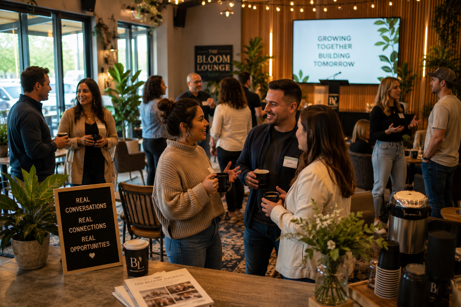 Professionals networking and having meaningful conversations at a community event, building relationships, sharing ideas, and creating new business opportunities in a welcoming gathering space.