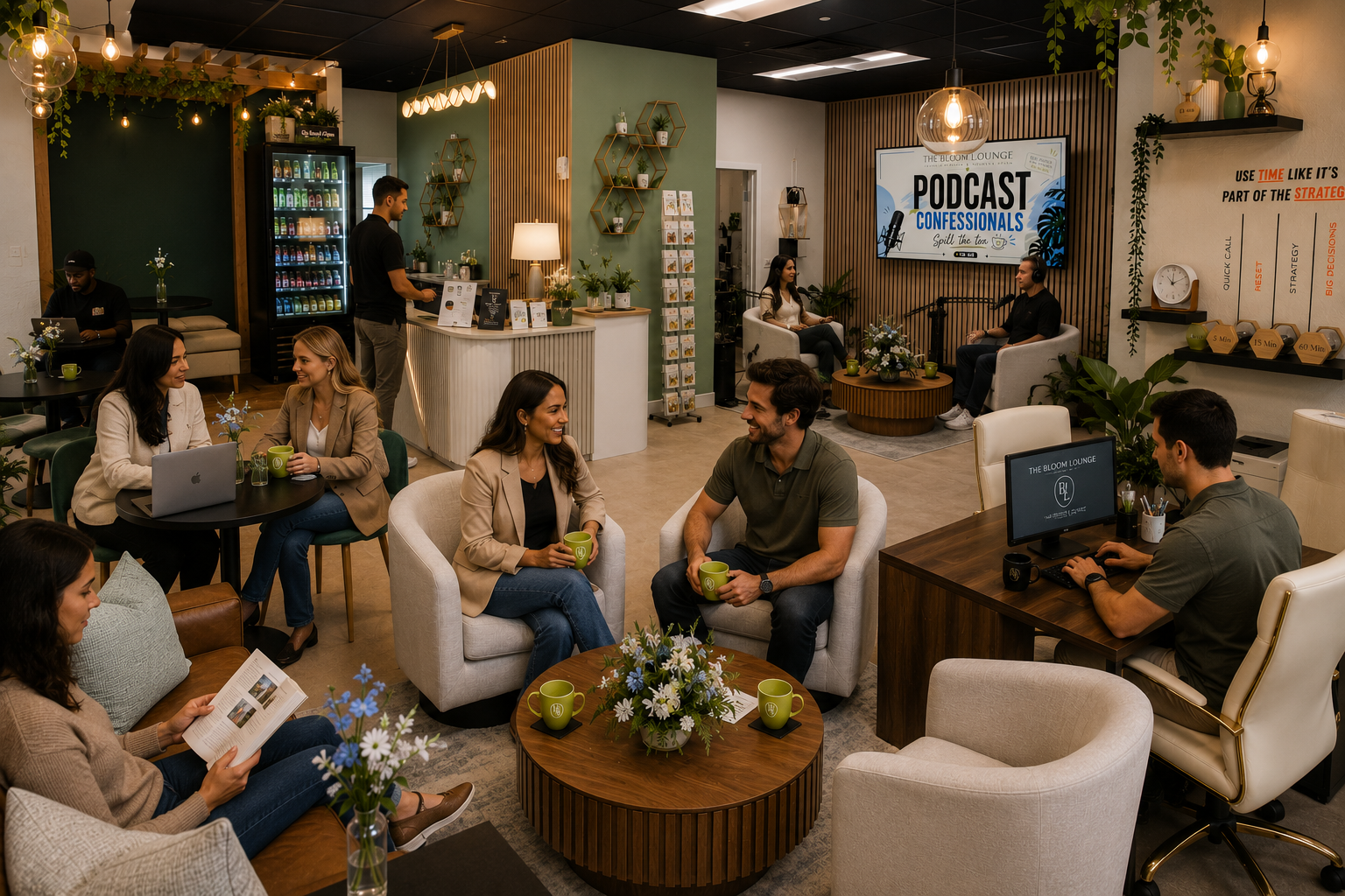 Entrepreneurs, remote workers, and creators enjoying The Bloom Lounge in Apopka, Florida, featuring coworking spaces, podcast studios, private offices, networking areas, specialty coffee, and collaborative work environments for business growth and creativity. Entrepreneurs, remote workers, and creators enjoying The Bloom Lounge in Apopka, Florida, featuring coworking spaces, podcast studios, private offices, networking areas, specialty coffee, and collaborative work environments for business growth and creativity.