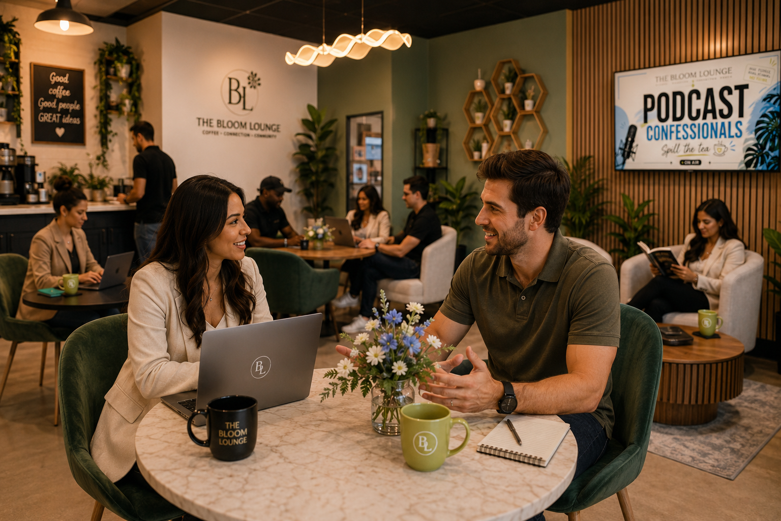 Entrepreneurs networking and collaborating over coffee inside The Bloom Lounge in Apopka, Florida, a modern coworking café featuring comfortable seating, floral accents, podcast studio space, and a professional environment designed for business growth, creativity, and community connections. For even stronger local SEO, I'd use this version: Entrepreneurs networking and collaborating over coffee inside The Bloom Lounge in Apopka, Florida, a modern coworking café featuring comfortable seating, floral accents, podcast studio space, and a professional environment designed for business growth, creativity, and community connections. For even stronger local SEO, I'd use this version: