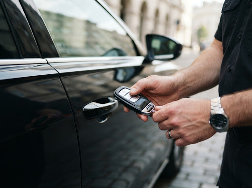 Automotive locksmith holding modern smart electronic car key fob next to vehicle