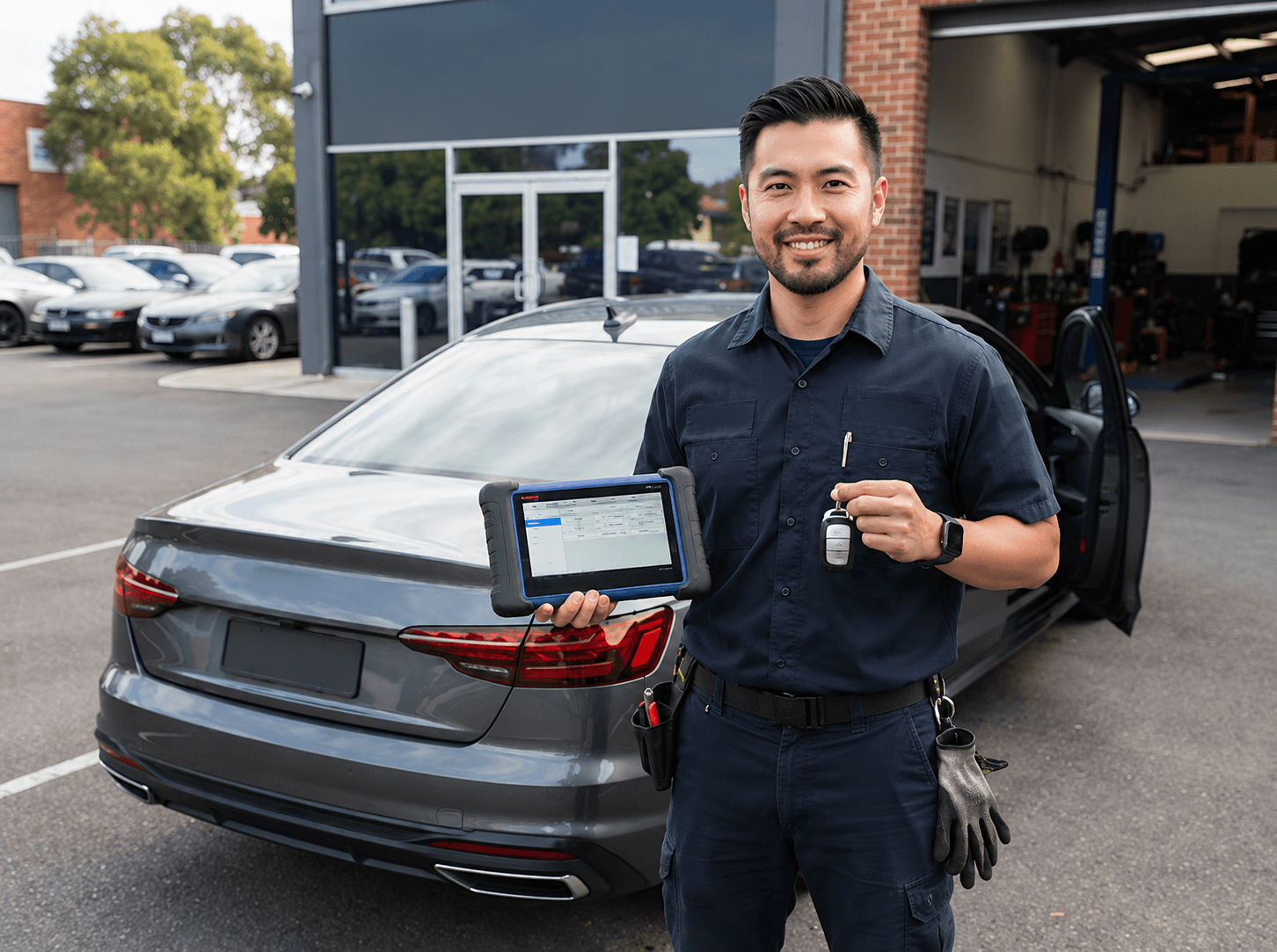 Professional automotive locksmith programming modern vehicle smart key on location