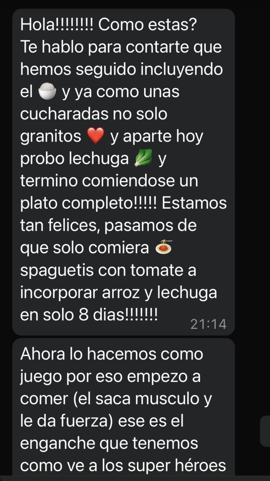 Mensaje de WhatsApp de una familia que pasó de comer solo spaghetti a incorporar arroz y lechuga en 8 días