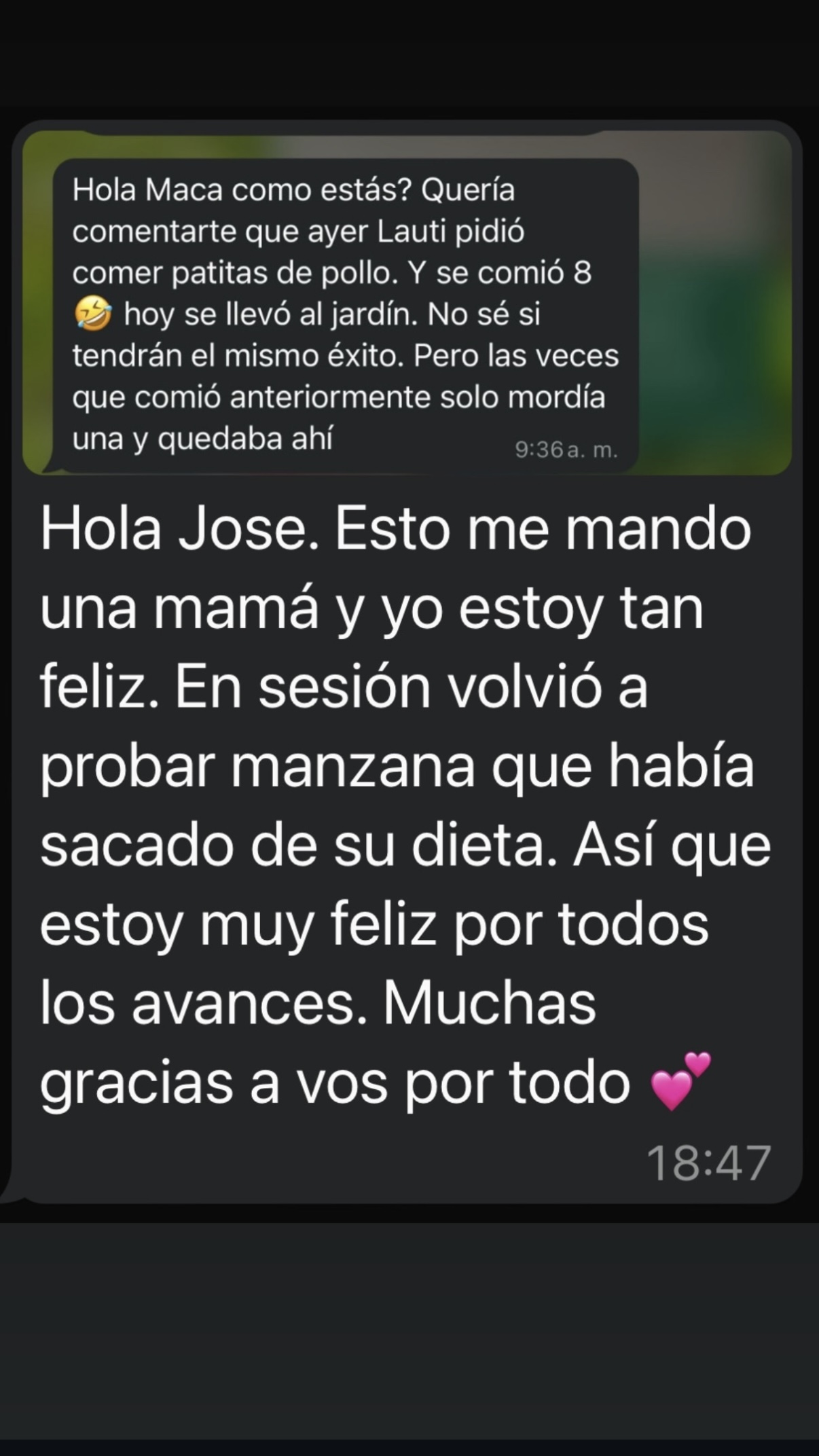 Mensaje de WhatsApp sobre Lauti: pidió comer patitas de pollo y se comió 8