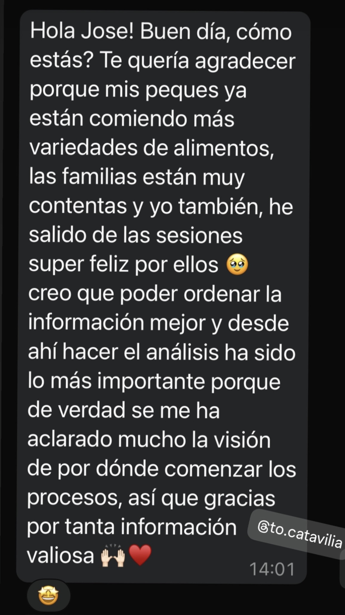 Mensaje de WhatsApp de la terapeuta @to.catavilia, alumna de la formación, agradeciendo por las pautas aplicadas con sus pacientes