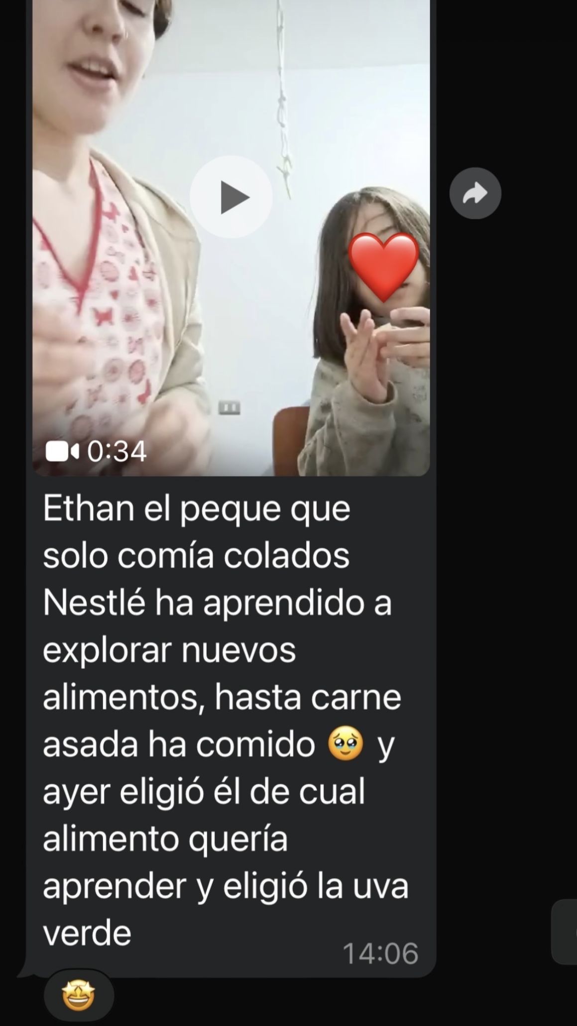 Mensaje de WhatsApp sobre Ethan: de comer solo colados Nestlé a probar carne asada y uva verde