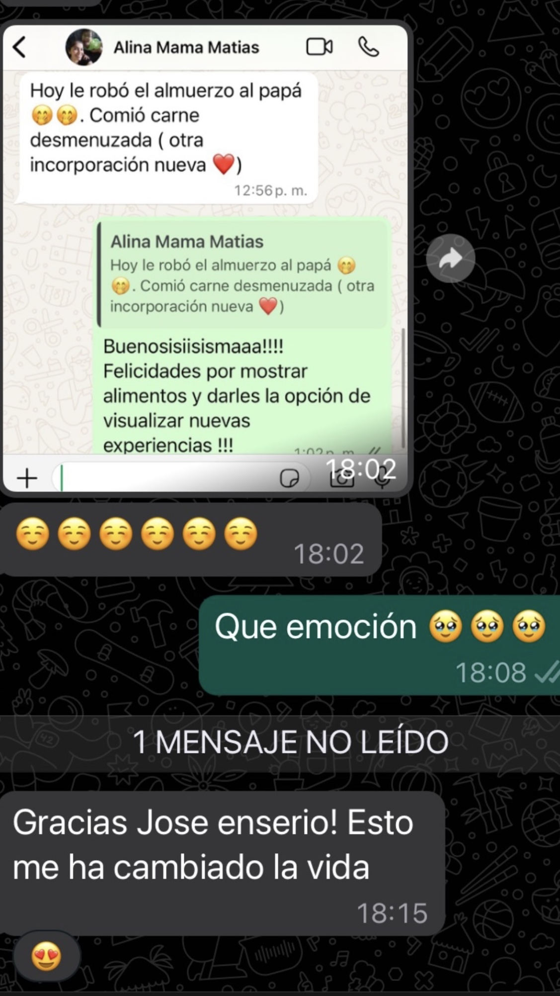 Mensaje de WhatsApp de Alina, mamá de Matías: «Gracias Jose enserio! Esto me ha cambiado la vida»
