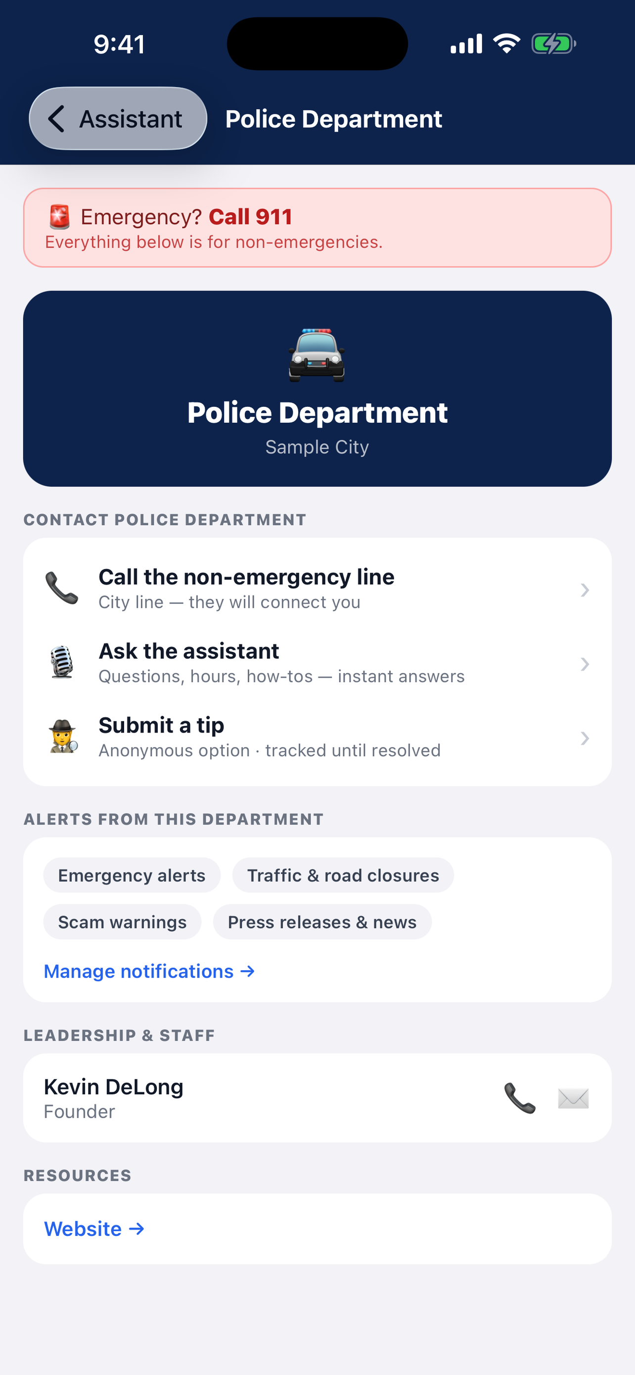 Police Department page with non-emergency line, tip submission, and alert topics