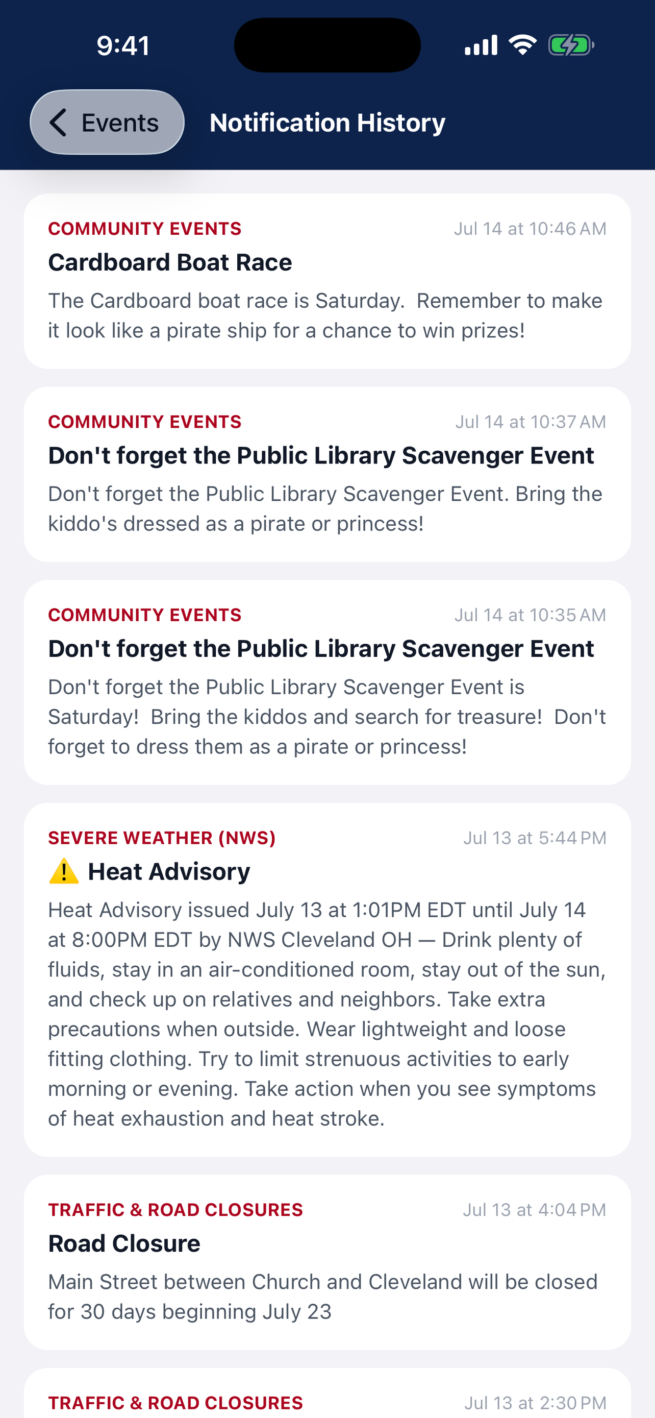 Notification history including an automatic National Weather Service heat advisory