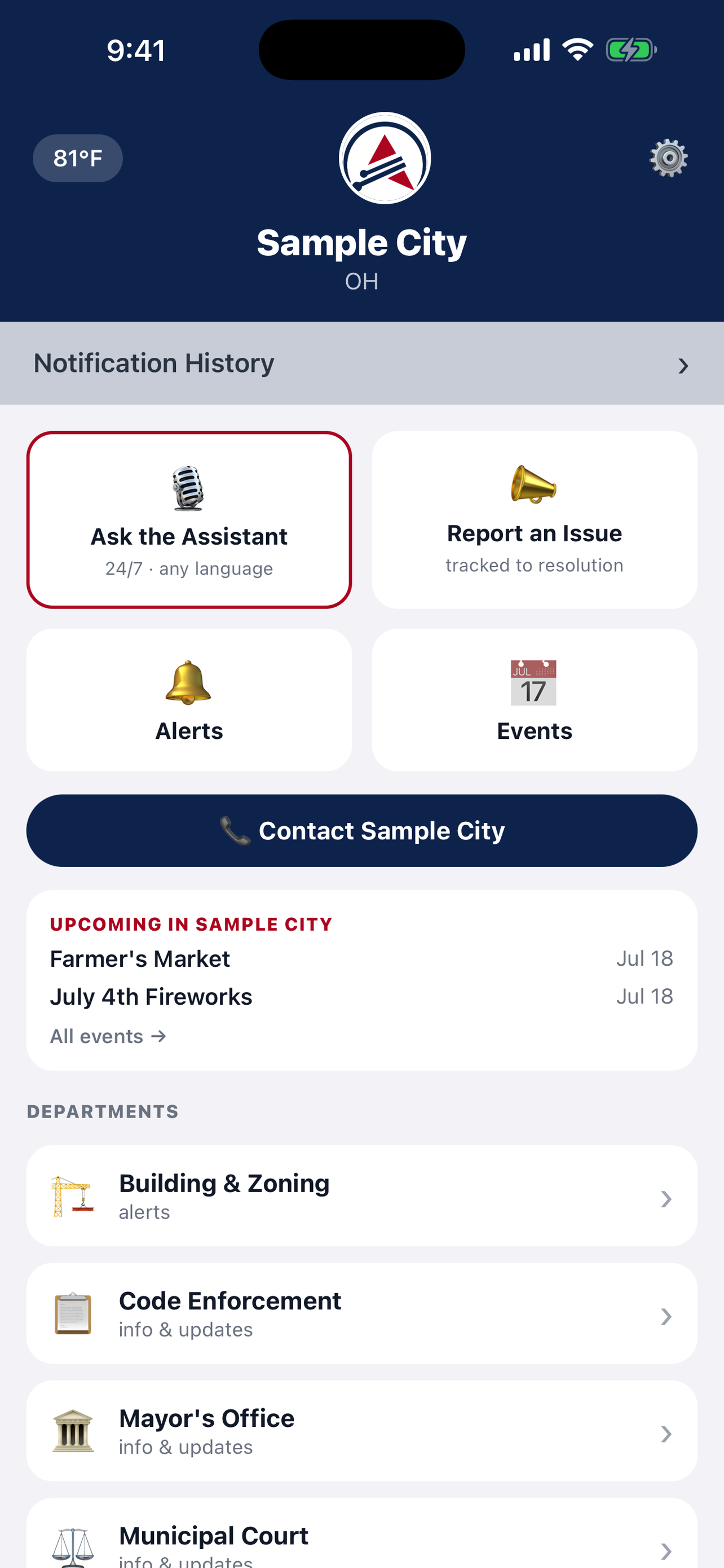 Guardian Community home screen with live weather, alerts, events, and city departments