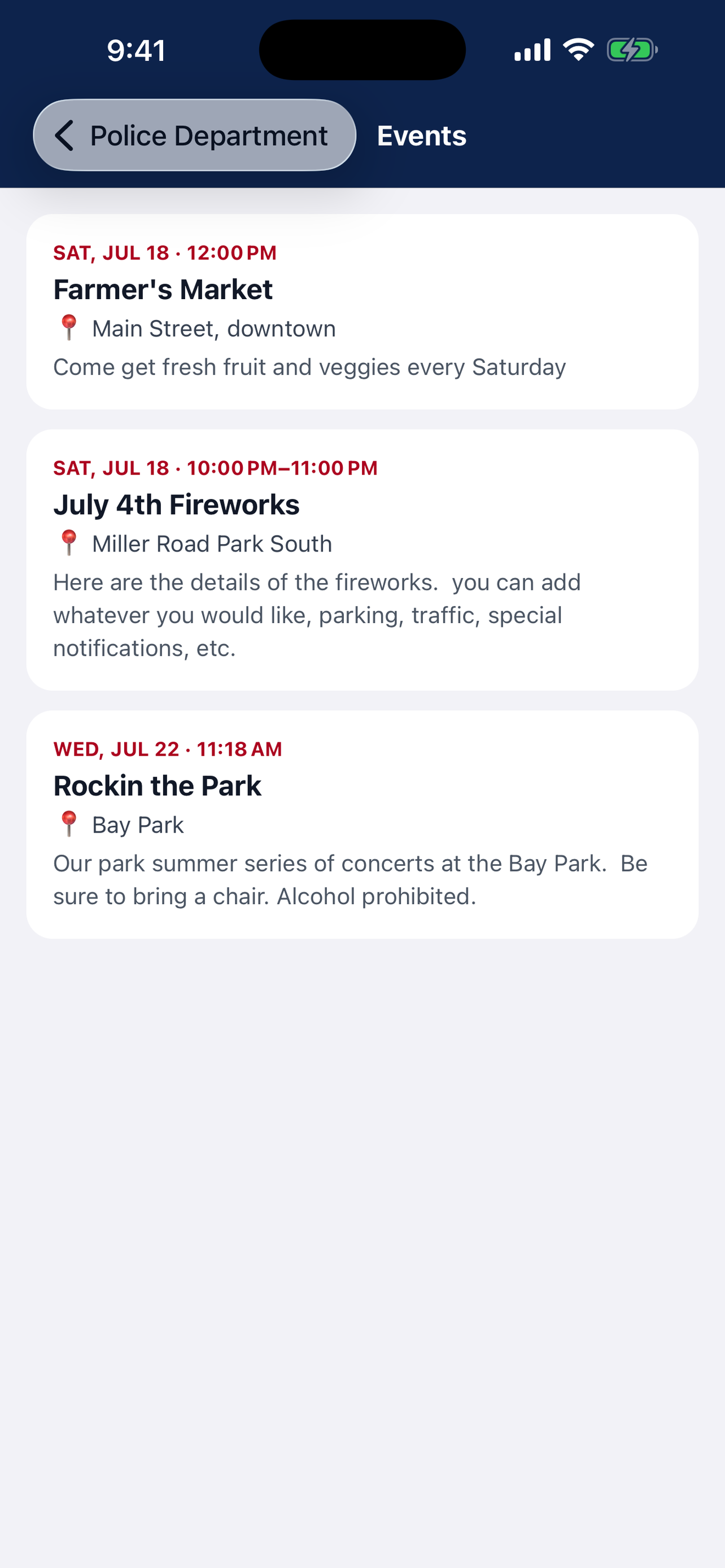 City events calendar in the Guardian Community app