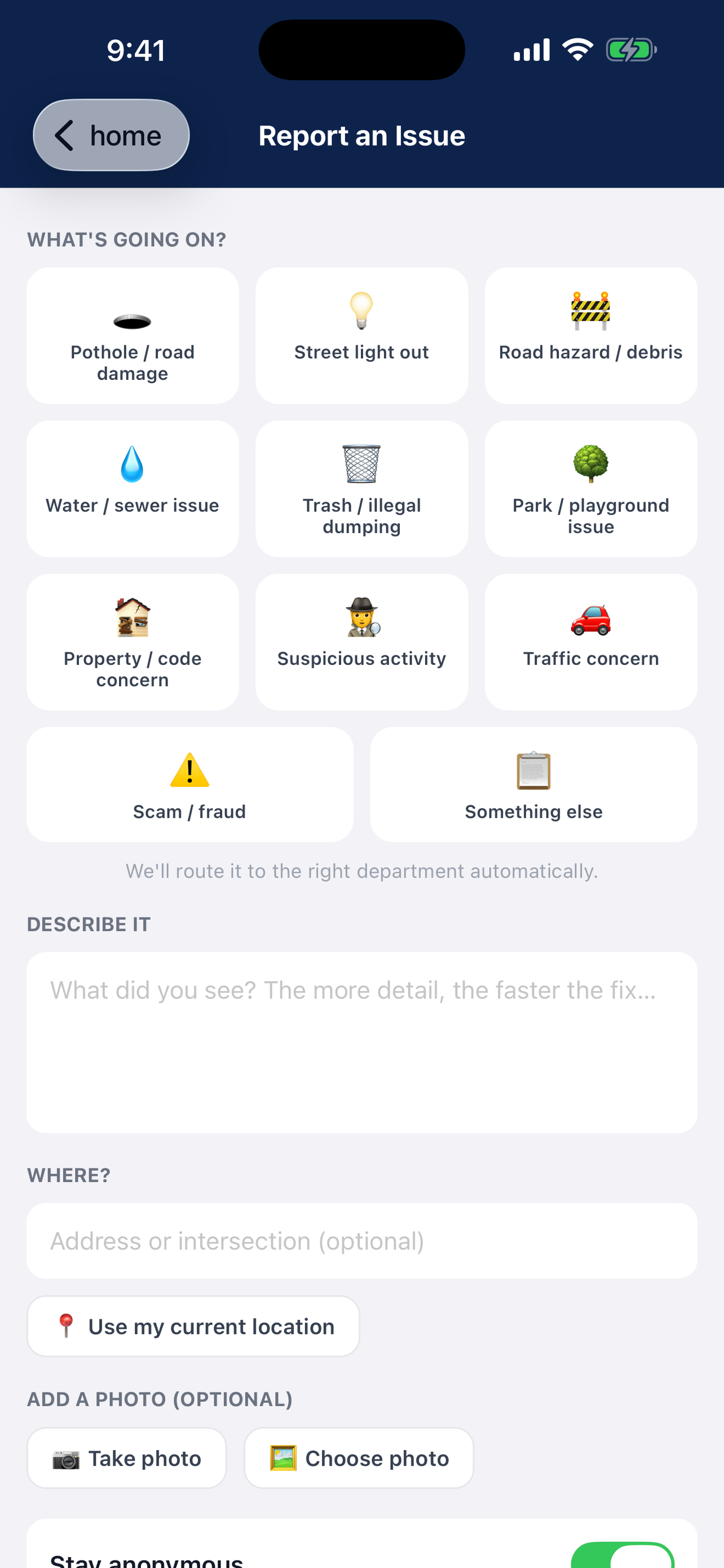 Report an Issue screen with photo and GPS location
